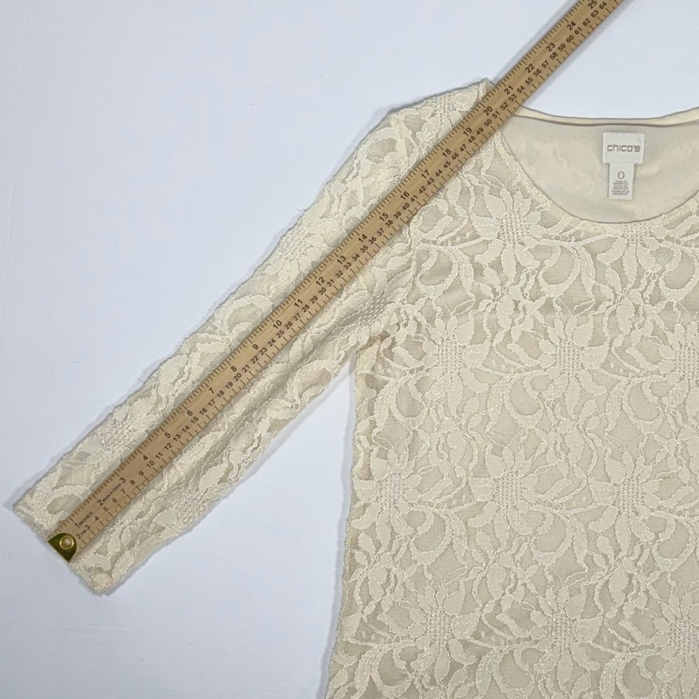 Chico's Cream Floral Lace Scoop Neck 3/4 Sleeve Lined Top Size 0 Small - Picture 6 of 10